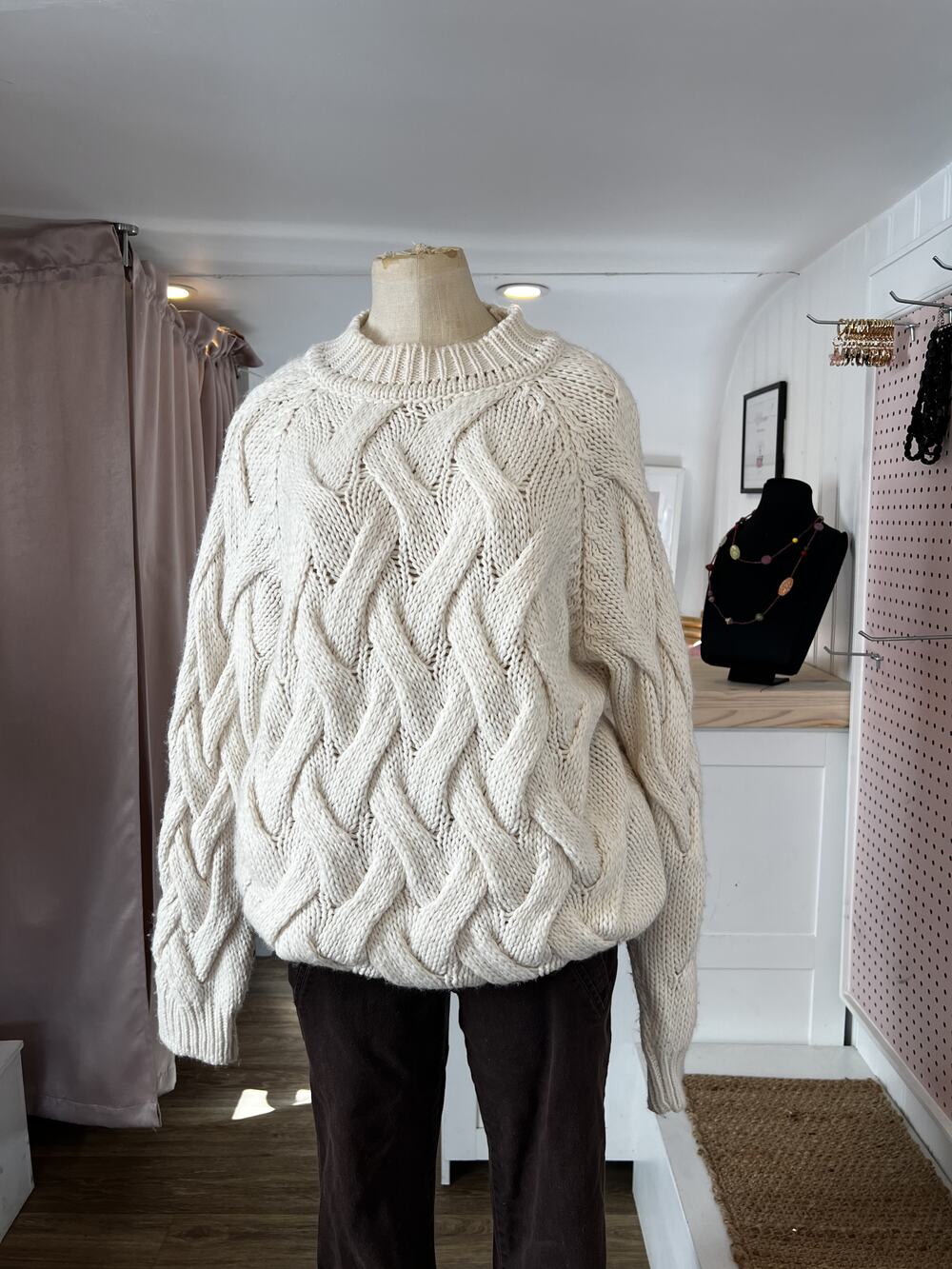 Cream Cable Knit Chunky Sweater With Ribbed Crew Neck